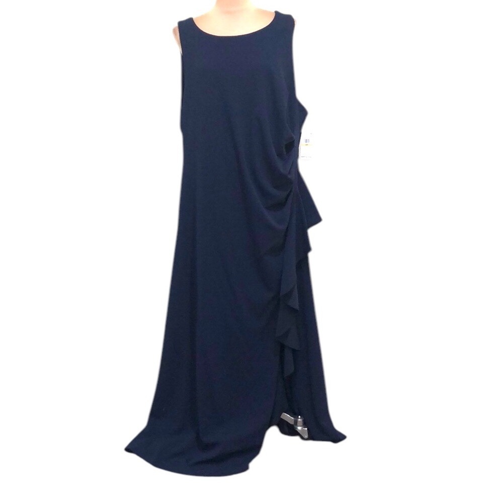 NWT Alex Evenings Formal Maxi Dress Size 22W Navy Blue Ruched Ruffle Gown